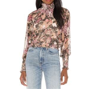 Amanda Uprichard Bentley Pink Floral Sheer Mock Neck Top Size Large- Romantic